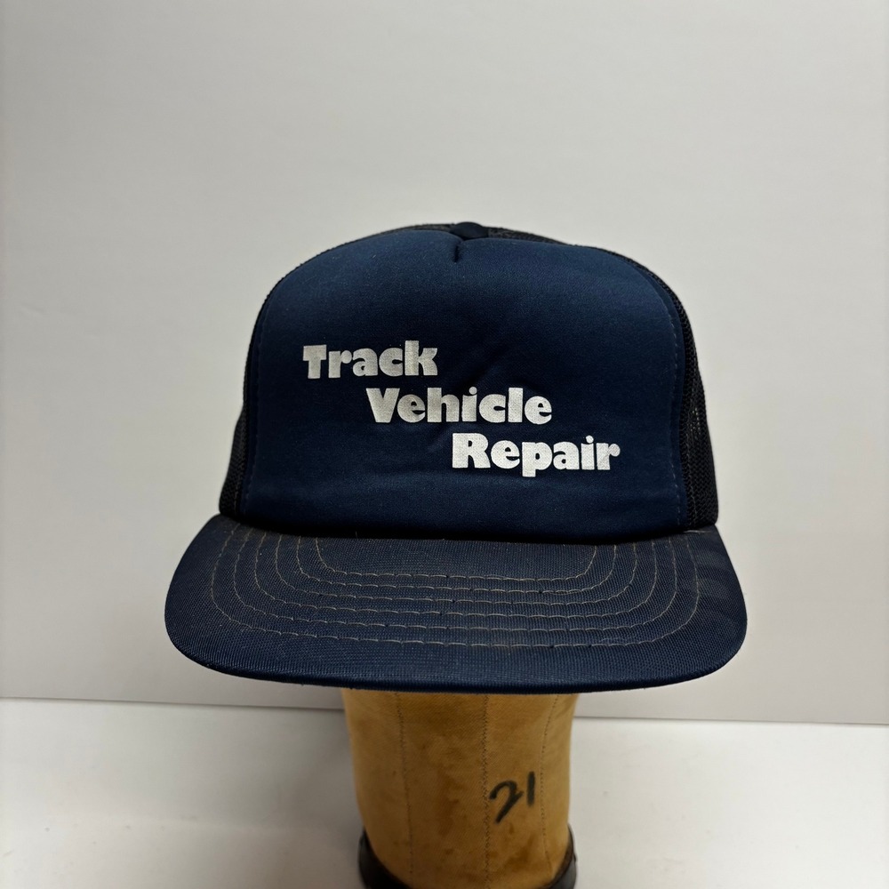 Vintage 1980s Track Vehicle Repair Trucker Hat Navy Blue Mesh Snapback Cap